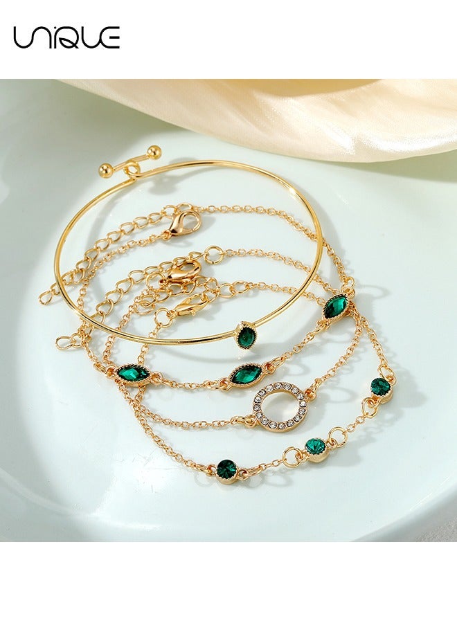 Unique 4 Piece Bracelet Set - Gold Bracelet with Green Diamonds - Rhinestone Bracelet - Stylish and Elegant - New Bracelet - Women's (Gold) - Image 4