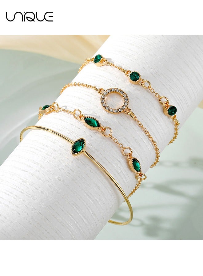 Unique 4 Piece Bracelet Set - Gold Bracelet with Green Diamonds - Rhinestone Bracelet - Stylish and Elegant - New Bracelet - Women's (Gold) - Image 5
