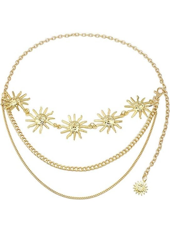 Multilayer Metal Waist Chains Belts Tassel Sun Pendant Waist Belt Body Chains Long Belly Chain Belt Jeans Country Concert Outfit Dress Accessories for Women and Girls Gold, One Size - Image 1