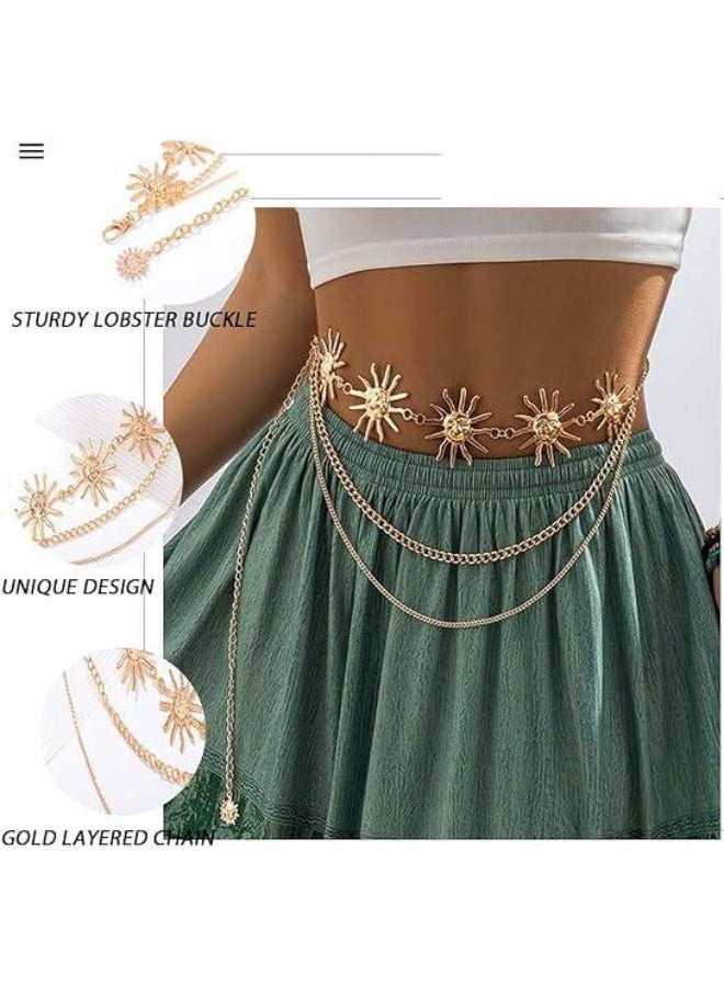 Multilayer Metal Waist Chains Belts Tassel Sun Pendant Waist Belt Body Chains Long Belly Chain Belt Jeans Country Concert Outfit Dress Accessories for Women and Girls Gold, One Size - Image 3
