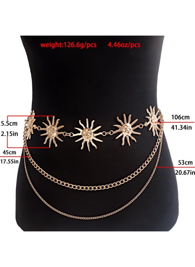 Multilayer Metal Waist Chains Belts Tassel Sun Pendant Waist Belt Body Chains Long Belly Chain Belt Jeans Country Concert Outfit Dress Accessories for Women and Girls Gold, One Size - Image 2