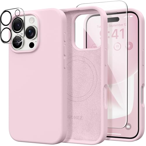 GONEZ Magnetic for iPhone 16 Pro Max Case, Compatible with MagSafe, Liquid Silicone Case, with Screen Protector + Camera Protector, Full Body Protective Shockproof Phone Cover 6.9", Pastel Pink - Image 1