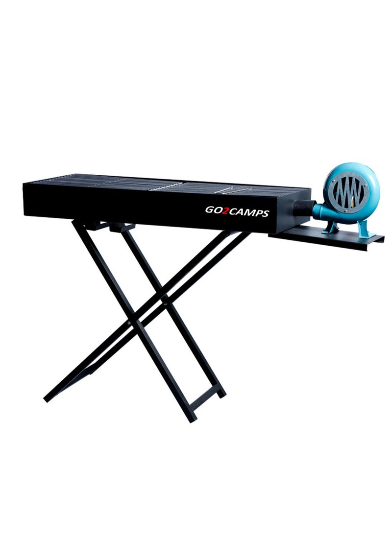 GO2CAMPS Barbeque Grill with Fan-85 cm Length | BBQ Grill X Shape Stand Grill with Hand fan Blower Large-90 CM | Alsaqer Charcoal Barbeque Grill with Blower Fan (Black) - Image 1