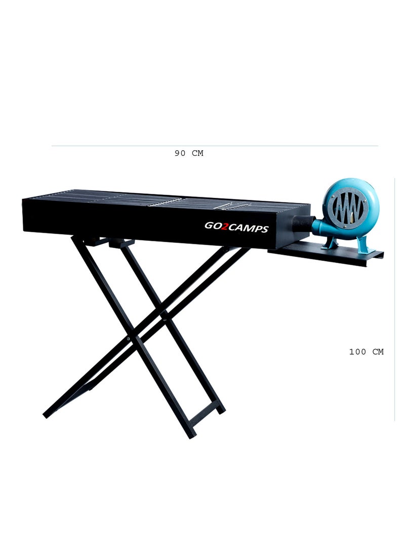 GO2CAMPS Barbeque Grill with Fan-85 cm Length | BBQ Grill X Shape Stand Grill with Hand fan Blower Large-90 CM | Alsaqer Charcoal Barbeque Grill with Blower Fan (Black) - Image 2