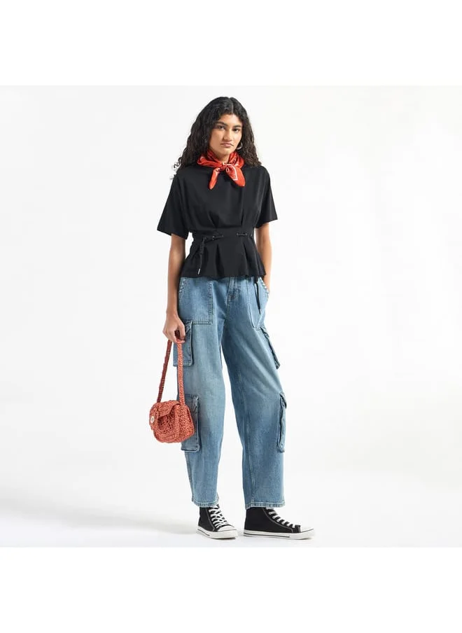 FAV Solid Pleated Top with Short Sleeves and Crew Neck