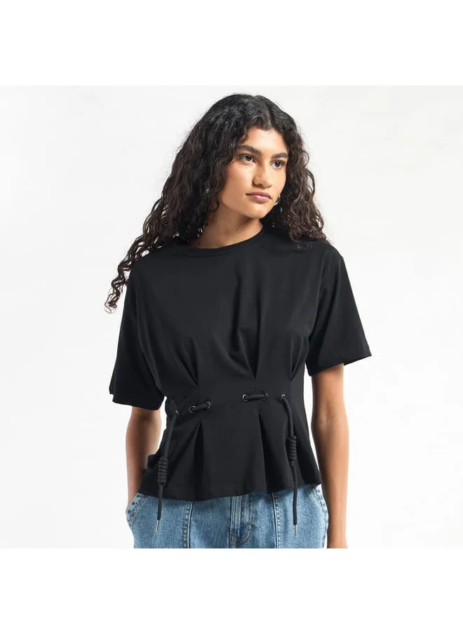 FAV Solid Pleated Top with Short Sleeves and Crew Neck