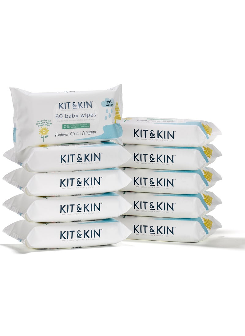Kit & Kin - Kit & Kin Premium Eco Baby Wipes, 600 Wet Wipes (10 packs) | Biodegradable Plastic-Free & Super Soft | 99% Water | Hypoallergenic & Dermatologist Approved | Fragrance-Free | New & Improved Formula - Image 1