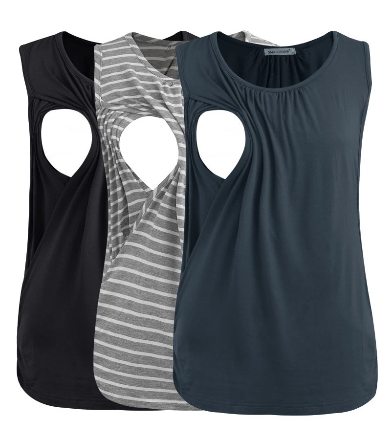 Smallshow Womens Maternity Nursing Tank Tops Breastfeeding Clothes 3Pack Medium BlackDark GreyLight Grey Stripe