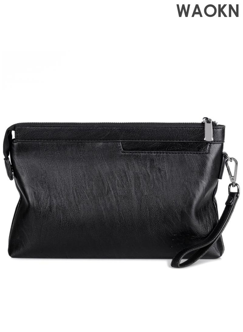 WAOKN Men's Casual Classic Clutch Bag Portable Envelope Bag Large Capacity Lightweight Wallet Business Minimalist Zipper Card Holder with Wrist Strap for Men for Daily Commuting and Formal Occasions,Leisure classic handbag, portable envelope style large capacity lightweight handbag, stylish, simple and versatile design, with zipper slot, men's black handbag, wear-resistant and dirt resistant, leather material not easy to deform,Black - Image 1
