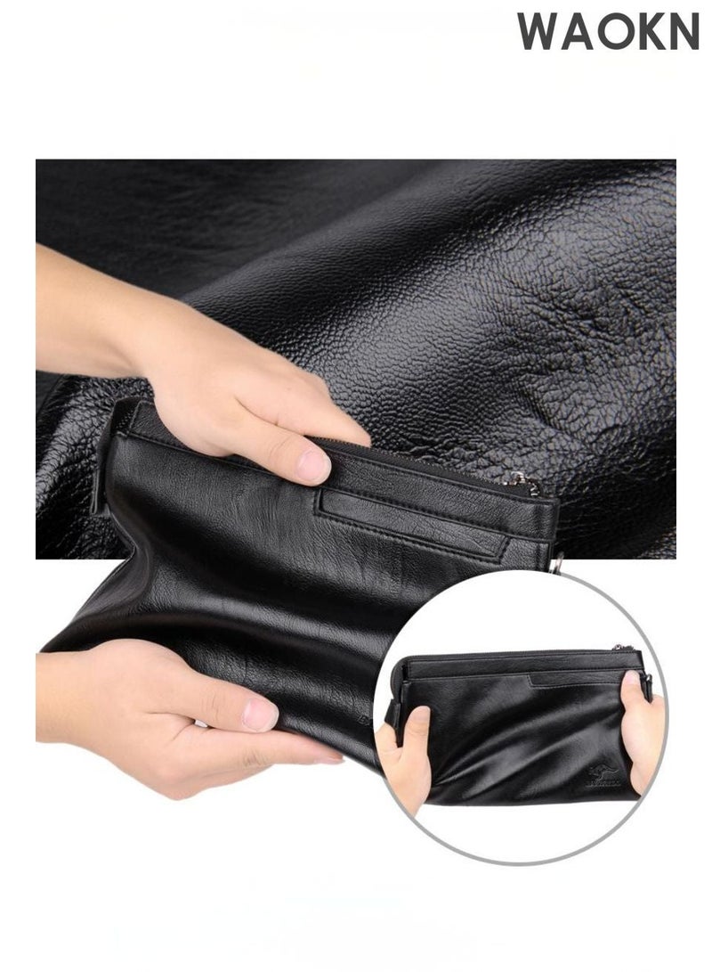 WAOKN Men's Casual Classic Clutch Bag Portable Envelope Bag Large Capacity Lightweight Wallet Business Minimalist Zipper Card Holder with Wrist Strap for Men for Daily Commuting and Formal Occasions,Leisure classic handbag, portable envelope style large capacity lightweight handbag, stylish, simple and versatile design, with zipper slot, men's black handbag, wear-resistant and dirt resistant, leather material not easy to deform,Black - Image 2