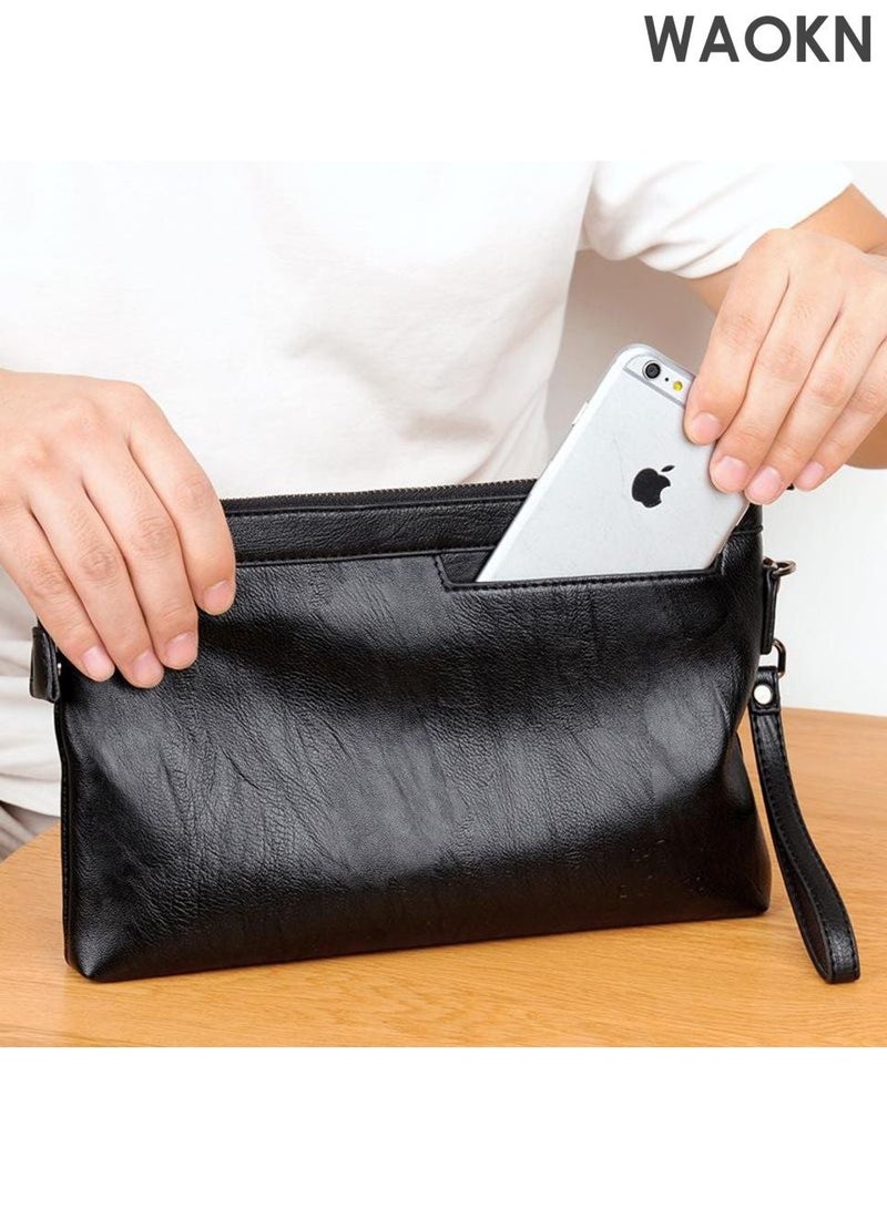 WAOKN Men's Casual Classic Clutch Bag Portable Envelope Bag Large Capacity Lightweight Wallet Business Minimalist Zipper Card Holder with Wrist Strap for Men for Daily Commuting and Formal Occasions,Leisure classic handbag, portable envelope style large capacity lightweight handbag, stylish, simple and versatile design, with zipper slot, men's black handbag, wear-resistant and dirt resistant, leather material not easy to deform,Black - Image 3