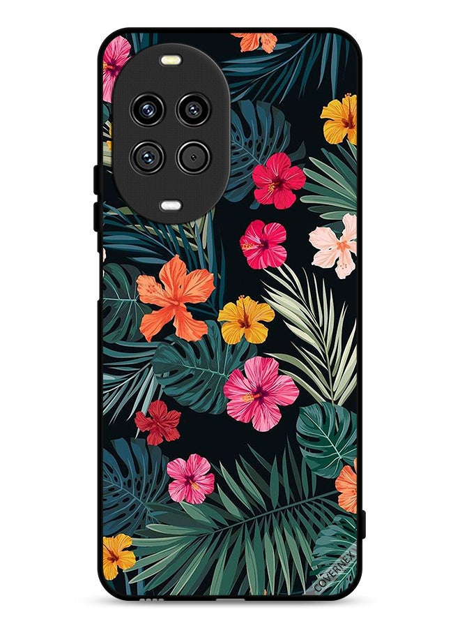 غطاء واقي لهاتف هواوي نوفا 14 5G مزخرف بألوان متعددة من الزهور وريش أخضر داكن
