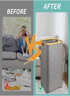 XVersion 160L Double Laundry Basket with Wheels, 2 Sections, Removable Mesh Bags, Bamboo Handles, Collapsible with Lid, Beige - Ideal for Sorting Clothes, Towels, and Duvets  - Image 2