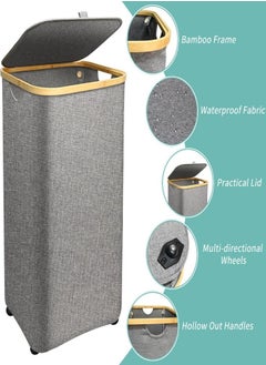 XVersion 160L Double Laundry Basket with Wheels, 2 Sections, Removable Mesh Bags, Bamboo Handles, Collapsible with Lid, Beige - Ideal for Sorting Clothes, Towels, and Duvets  - Image 4
