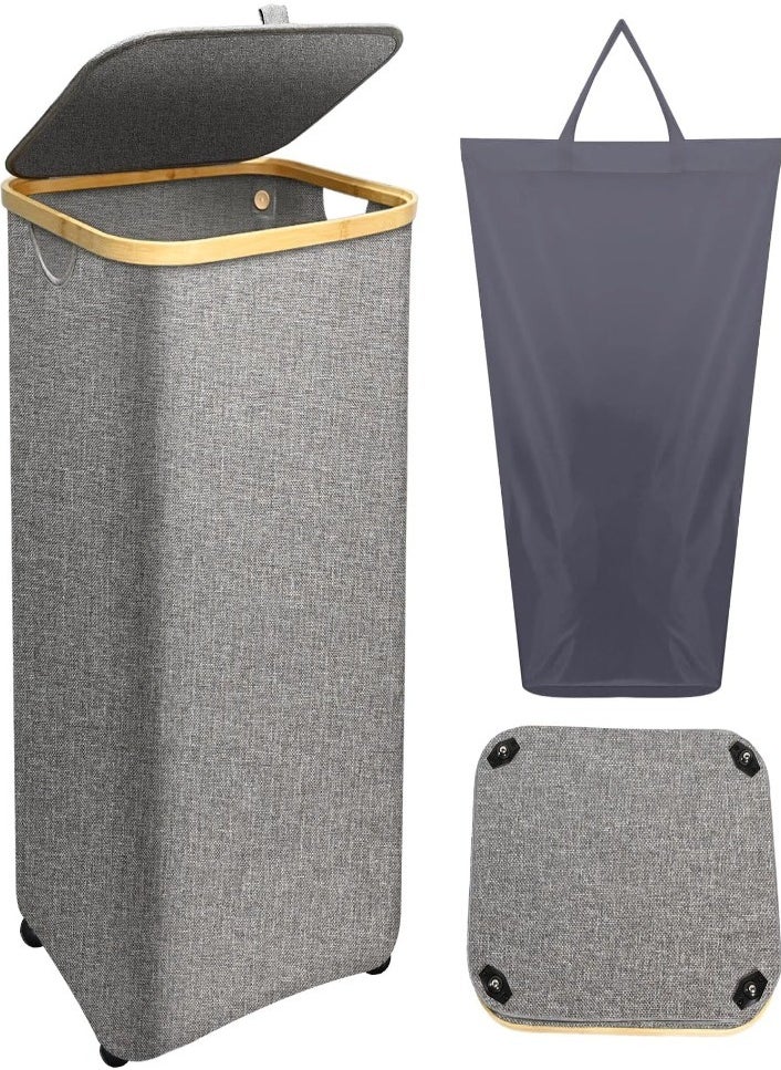 XVersion - 160L Double Laundry Basket with Wheels, 2 Sections, Removable Mesh Bags, Bamboo Handles, Collapsible with Lid, Beige - Ideal for Sorting Clothes, Towels, and Duvets - Image 1