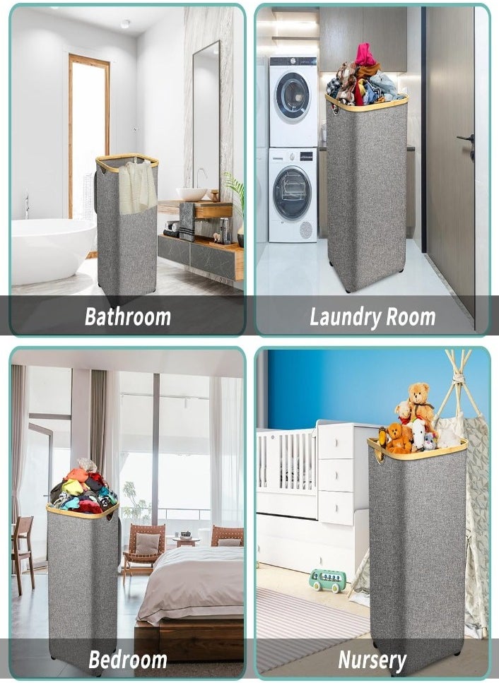 XVersion - 160L Double Laundry Basket with Wheels, 2 Sections, Removable Mesh Bags, Bamboo Handles, Collapsible with Lid, Beige - Ideal for Sorting Clothes, Towels, and Duvets - Image 1