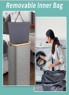 XVersion 160L Double Laundry Basket with Wheels, 2 Sections, Removable Mesh Bags, Bamboo Handles, Collapsible with Lid, Beige - Ideal for Sorting Clothes, Towels, and Duvets  - Image 3