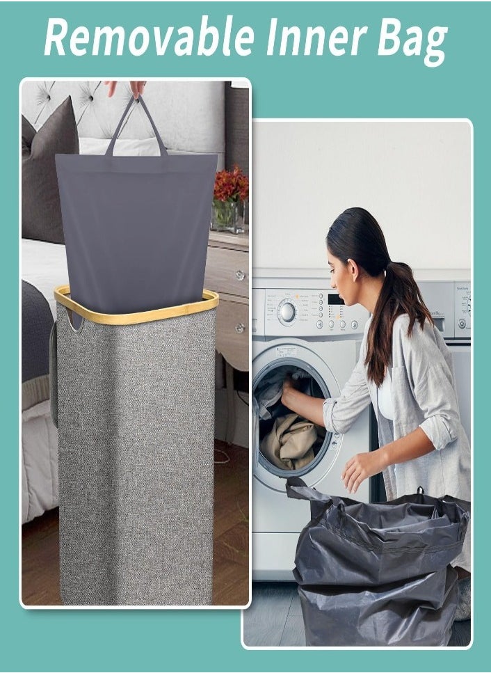 XVersion - 160L Double Laundry Basket with Wheels, 2 Sections, Removable Mesh Bags, Bamboo Handles, Collapsible with Lid, Beige - Ideal for Sorting Clothes, Towels, and Duvets - Image 1