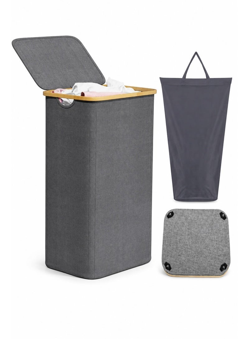 XVersion 160L Double Laundry Basket with Wheels, 2 Sections, Removable Mesh Bags, Bamboo Handles, Collapsible with Lid, Beige - Ideal for Sorting Clothes, Towels, and Duvets - Image 1