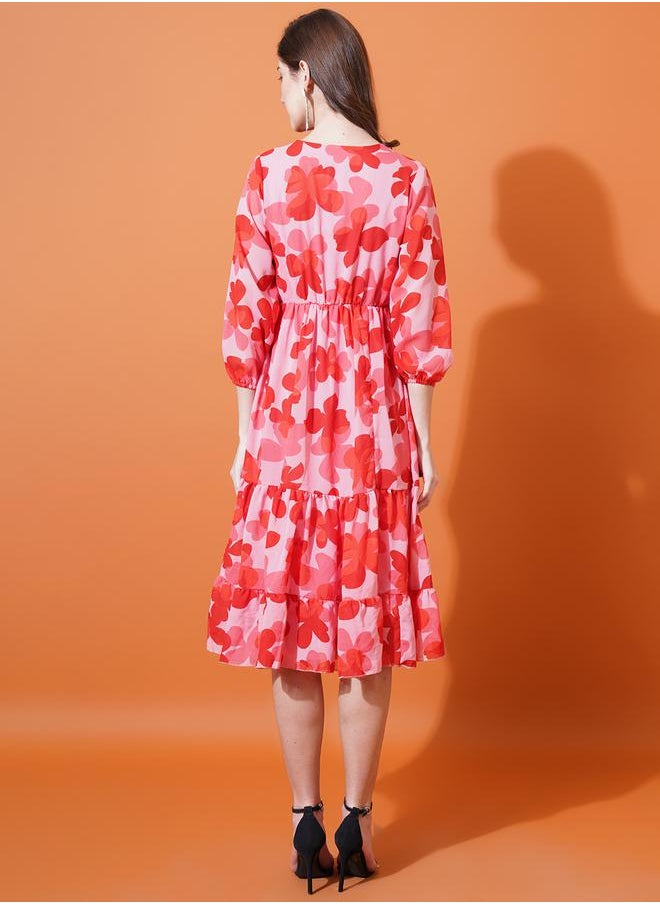 U&F - Floral Print V Neck Tiered Midi Dress by Styli - Image 1