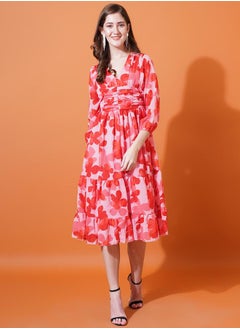 Floral Print V Neck Tiered Midi Dress by Styli