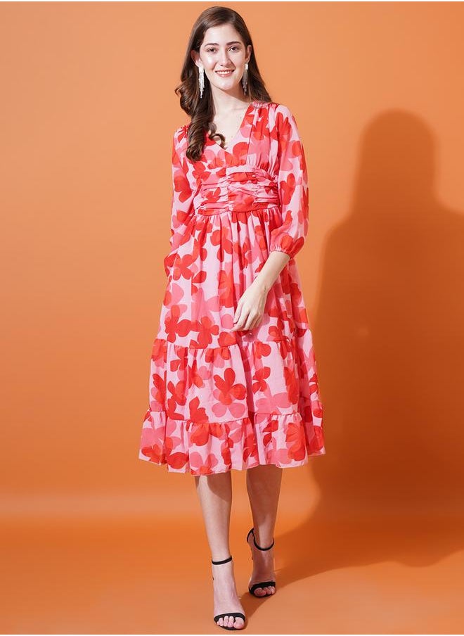U&F - Floral Print V Neck Tiered Midi Dress by Styli - Image 1