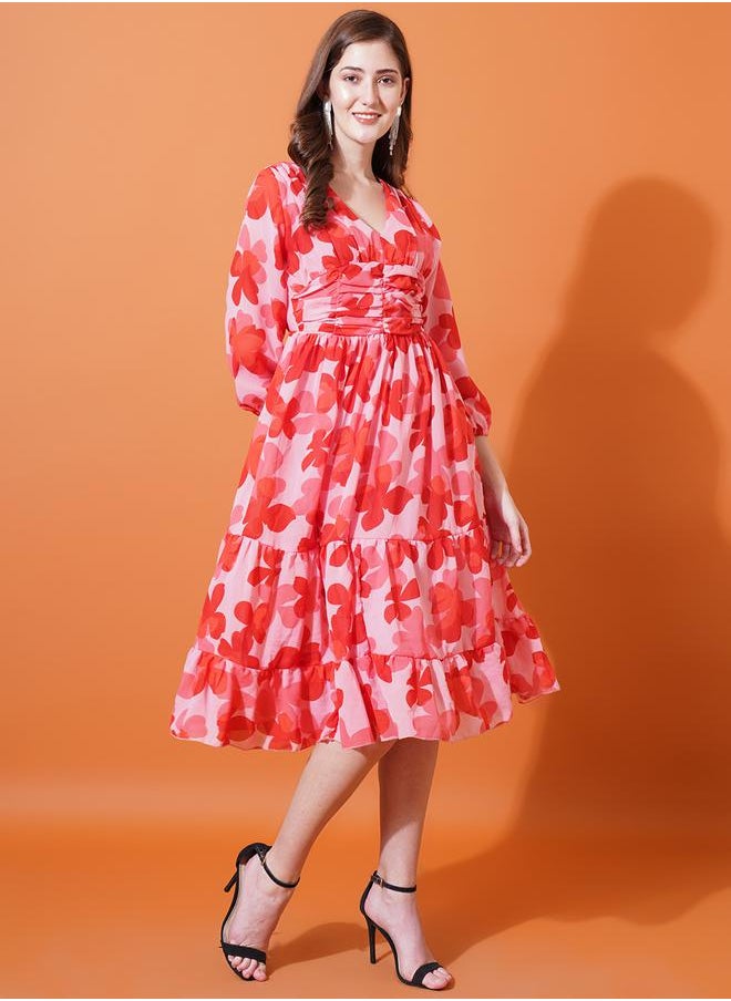 U&F - Floral Print V Neck Tiered Midi Dress by Styli - Image 1