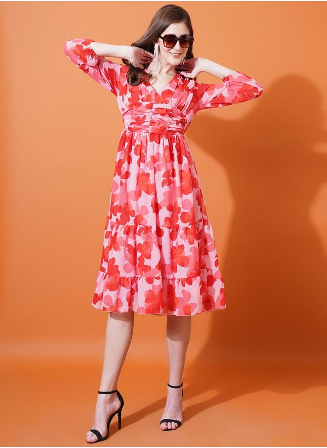 U&F - Floral Print V Neck Tiered Midi Dress by Styli - Image 1