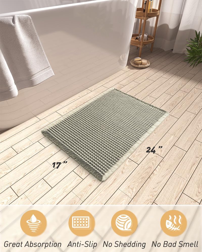 AMOAMI Upgraded Waffle Bath Mat, Super Absorbent Non Slip Bath Mats for Bathroom Floor, Machine Washable Bathroom Rugs with Tassels, Rubber Backed Bathroom Mats, Ultra Soft, 17" x 24", Green & Cream - Image 2