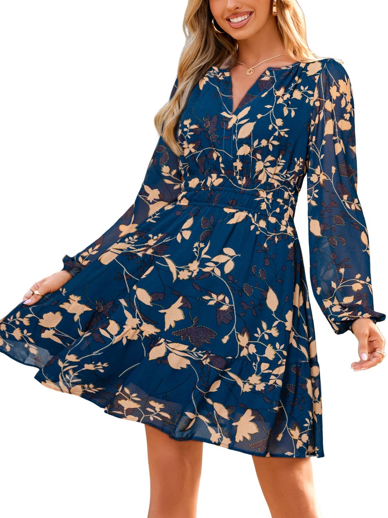 Simplee Womens Fall Floral Mini Dress Long Sleeve Boho Chiffon Short Dress Casual V Neck A Line Party Flowy Dressesï¼ˆBlue Green Leaf Mï¼‰ - Image 1