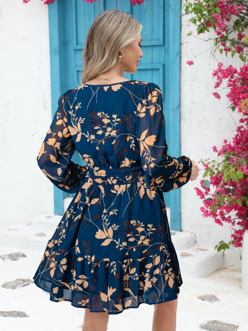 Simplee Womens Fall Floral Mini Dress Long Sleeve Boho Chiffon Short Dress Casual V Neck A Line Party Flowy Dressesï¼ˆBlue Green Leaf Mï¼‰ - Image 5