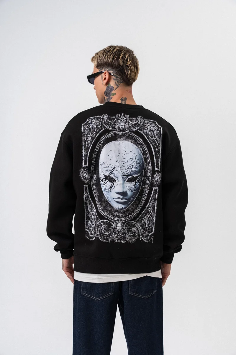 RESPIRE Men's Indefinite Printed Crew Neck Oversize Sweatshirt Black