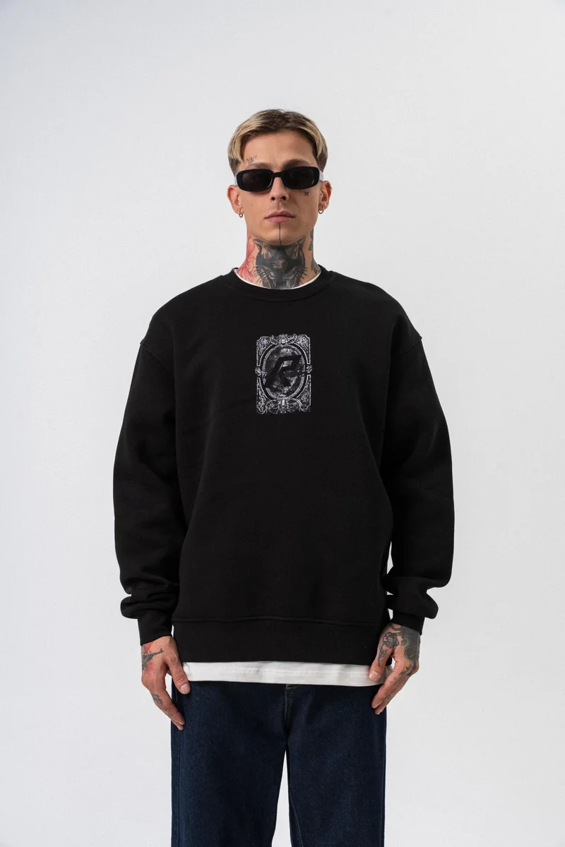 RESPIRE Men's Indefinite Printed Crew Neck Oversize Sweatshirt Black