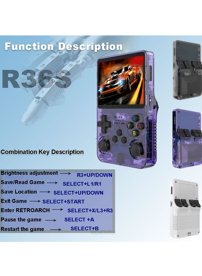 R36S Handheld Retro Gaming Console Linux System with 128G TF Card, Retro Video Game Console 3.5-inch IPS Screen (Purple, 128G)