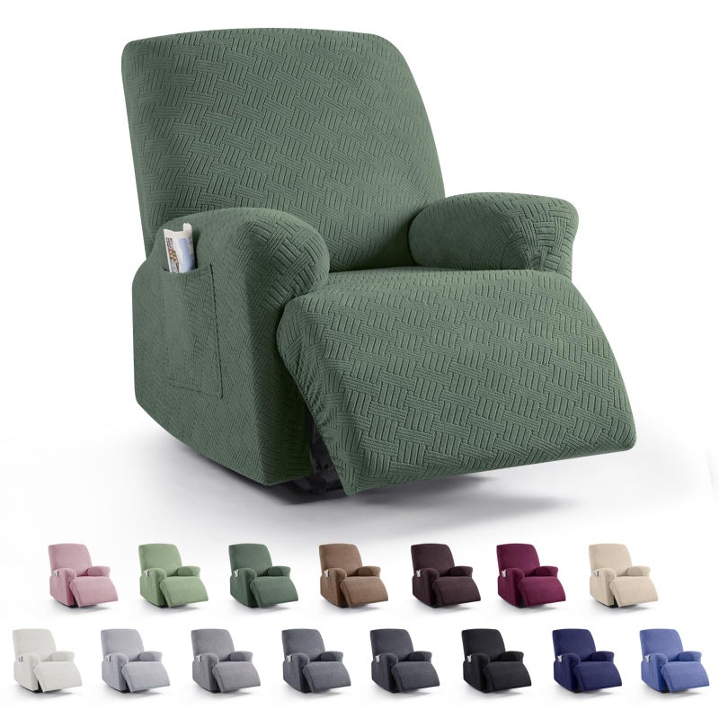 KinCam Recliner Covers, Stretch Reclining Chair Covers, Recliner Sofa Slipcovers Stripe Jacquard Recliner Couch Covers Furniture Protector Covers for Pet Kid (1 Seater, Greyish Green) - Image 1
