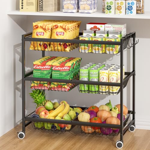 DAOUTIME 3Tier Rolling Pantry Floor Organizer Cart with 6 Detachable Baskets Metal Wire Fruit Basket Stand with Wheels Kitchen Storage Cart for Fruit Vegetables Snack Cart for Pantry Kitchen Living Room - Image 1