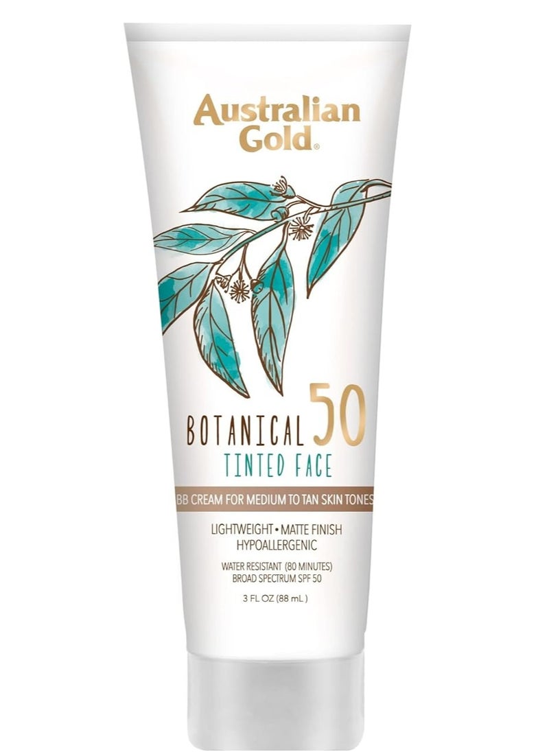 Australian Gold Australian Gold Botanical SPF 50 Tinted Mineral Sunscreen for Face, Non-Chemical BB Cream, Water-Resistant, Matte Finish, For Sensitive Facial Skin, Medium to Tan Skin Tones, 3 FL Oz  - Image 1