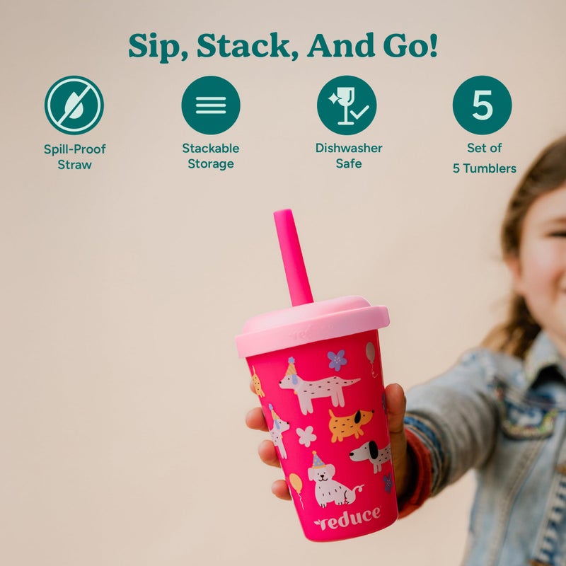REDUCE GoGo's Kids Portable Tumbler Cups with Lids and Spill-Proof Straws - 5 Pack of Stackable 12 oz Tumblers with Twist-On Lids - Easy Storage  Dishwasher Safe - Serendipity Set - Image 3