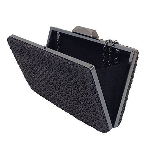 JNB Natural Straw Box Clutch, Black - Image 4