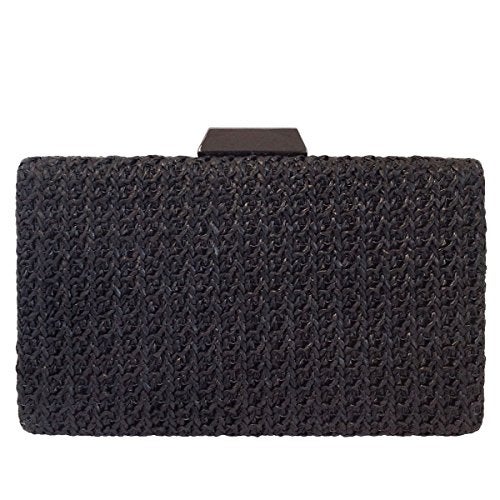JNB Natural Straw Box Clutch, Black - Image 1