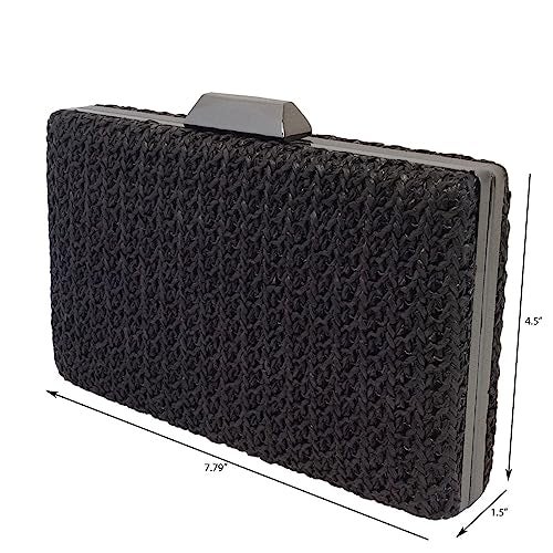 JNB Natural Straw Box Clutch, Black - Image 2