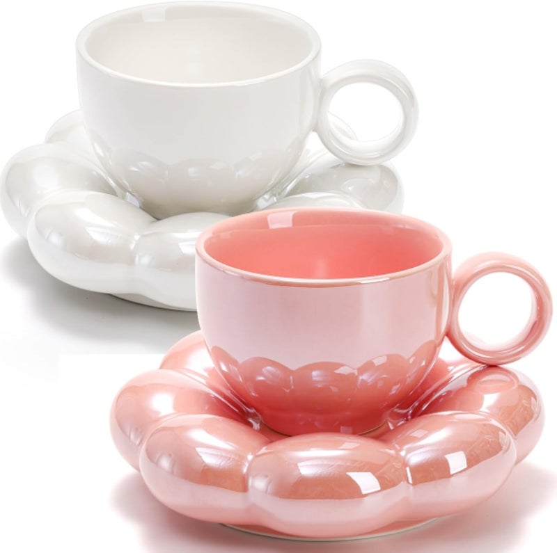 Goaste مجموعة أكواب قهوة سيراميك مع صحن - 2 قطعة - كوب سحابة لطيف مع صحن دوار الشمس - 8 أونصات - كوب لاتيه شاي إبداعي للمكتب والمنزل قهوة شاي لاتيه حليب وردي لؤلؤي أبيض - Image 1