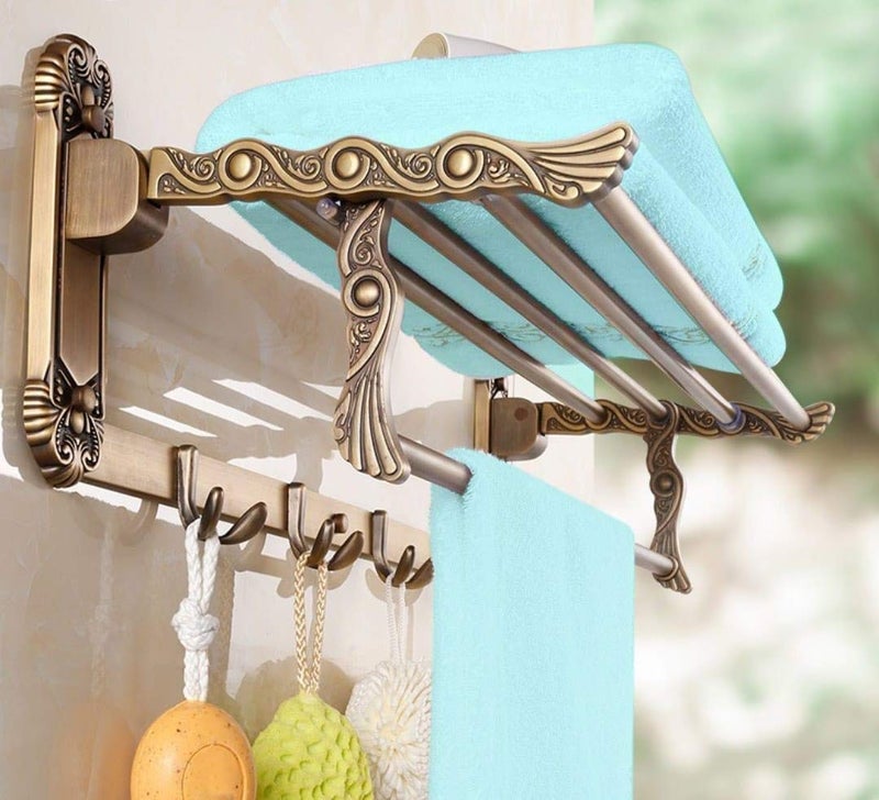 FORTUNE Antique Aluminum Folding Towel Rack for Bathroom, Folding Towel Stand, Hanger, Bathroom Accessories for Homes, Hotels- Brass Finish (2 Feet) - Image 1
