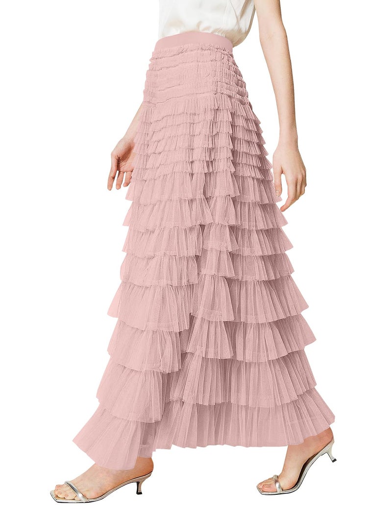 PEHMEA Women's Tulle Maxi Skirt High Waist Elastic Tiered Ruffle A-Line Flowy Party Wedding Guest Skirts Comfortable Daily Wear(Pink-XL) - Image 1