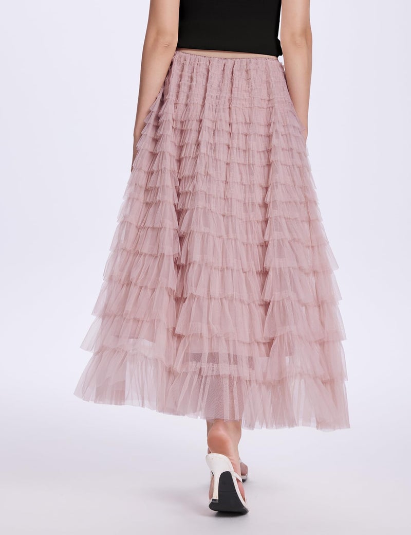 PEHMEA Women's Tulle Maxi Skirt High Waist Elastic Tiered Ruffle A-Line Flowy Party Wedding Guest Skirts Comfortable Daily Wear(Pink-XL) - Image 3