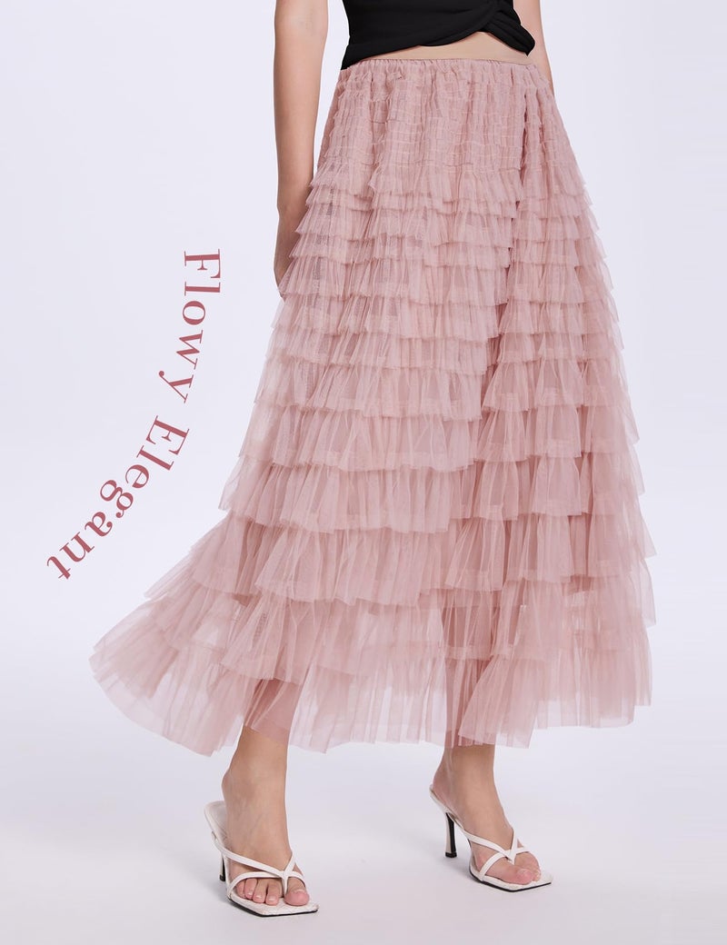 PEHMEA Women's Tulle Maxi Skirt High Waist Elastic Tiered Ruffle A-Line Flowy Party Wedding Guest Skirts Comfortable Daily Wear(Pink-XL) - Image 4
