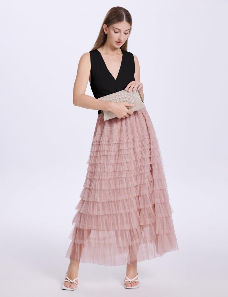 PEHMEA Women's Tulle Maxi Skirt High Waist Elastic Tiered Ruffle A-Line Flowy Party Wedding Guest Skirts Comfortable Daily Wear(Pink-XL) - Image 2