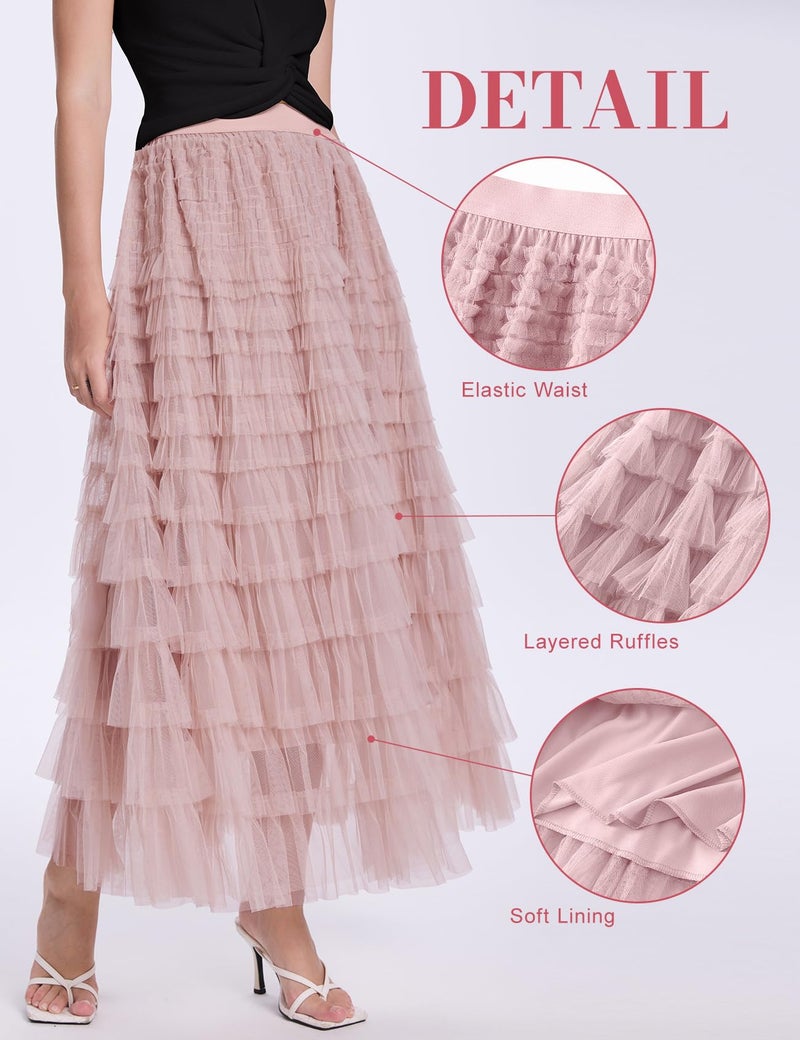 PEHMEA Women's Tulle Maxi Skirt High Waist Elastic Tiered Ruffle A-Line Flowy Party Wedding Guest Skirts Comfortable Daily Wear(Pink-XL) - Image 5