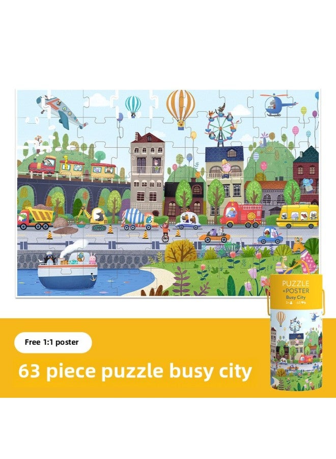 Pinwheel Berman Children's Early Childhood Education Benefit Intelligence Block Puzzle Theme Cognition 63 Pieces Canned Puzzle Toy-Color:Busy City PW0114 - Image 1