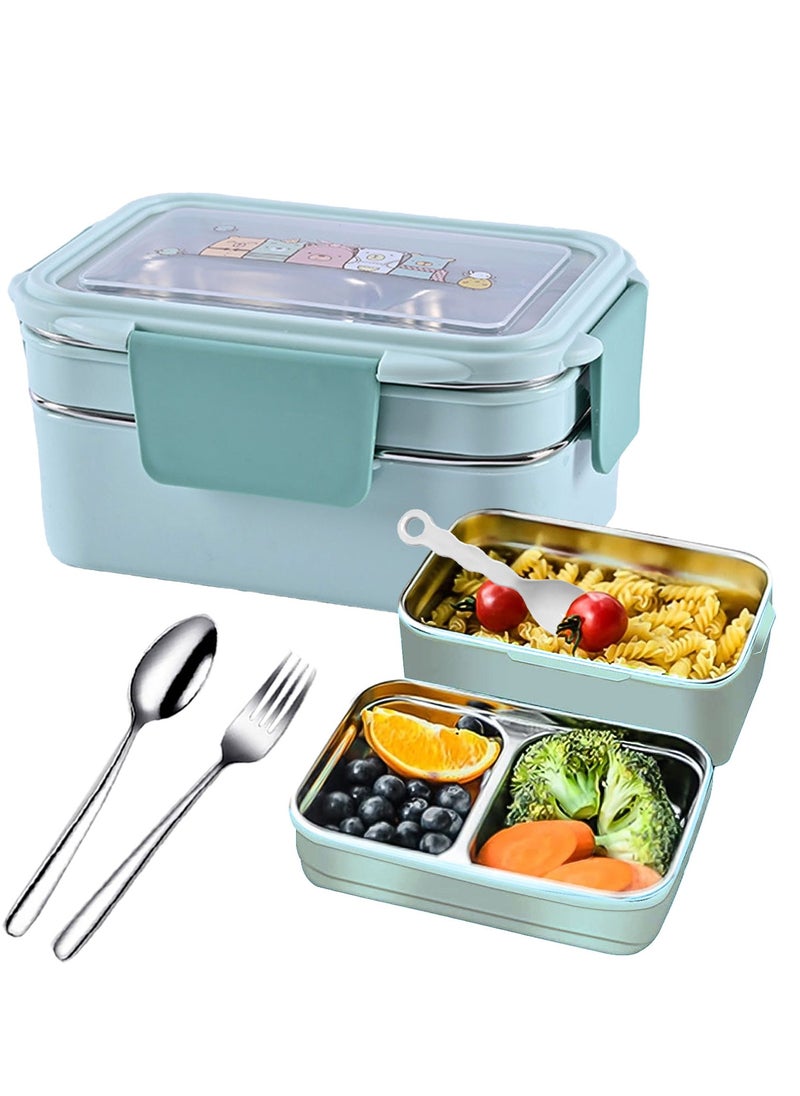Adando - Adando Stainless Steel Lunch Box -1100ml Double Layer Microwave-Safe Bento Containers - 304 Insulated Lunch Box Insulated Leakproof - Cartoon Cute Lunch Box Ideal for Students School Toddler Kids Boys Girls with Stainless Steel Cutlery - Image 1